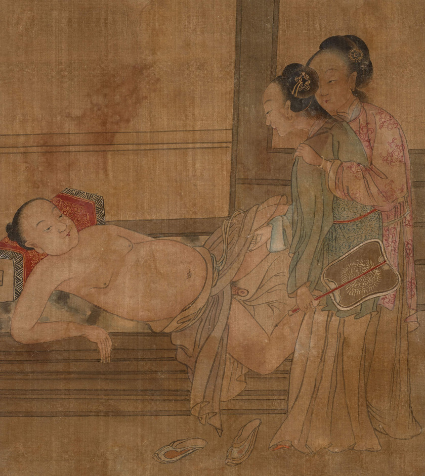 PEINTURE EN ROULEAU À L'ENCRE ET COULEUR SUR SOIE, CHINE, DYNASTIE QING, XIXe SIÈCLE