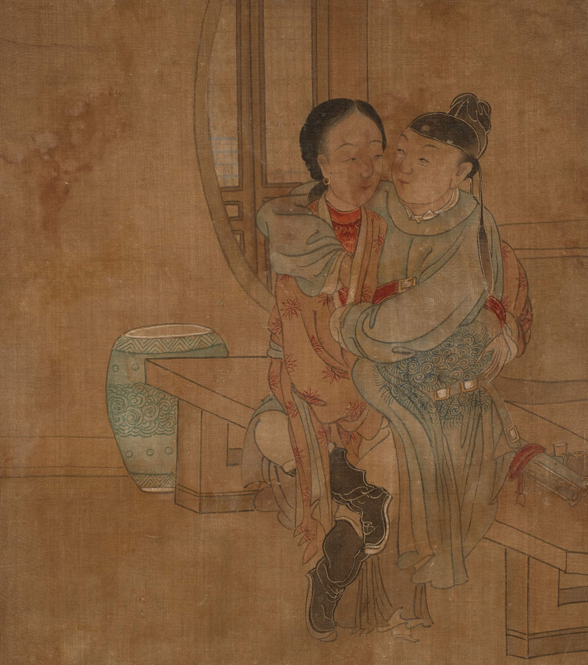 PEINTURE EN ROULEAU À L'ENCRE ET COULEUR SUR SOIE, CHINE, DYNASTIE QING, XIXe SIÈCLE