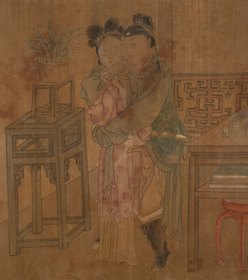 PEINTURE EN ROULEAU À L'ENCRE ET COULEUR SUR SOIE, CHINE, DYNASTIE QING, XIXe SIÈCLE