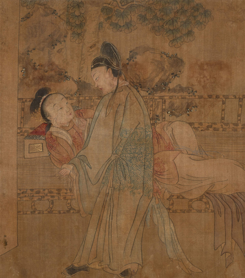 PEINTURE EN ROULEAU À L'ENCRE ET COULEUR SUR SOIE, CHINE, DYNASTIE QING, XIXe SIÈCLE