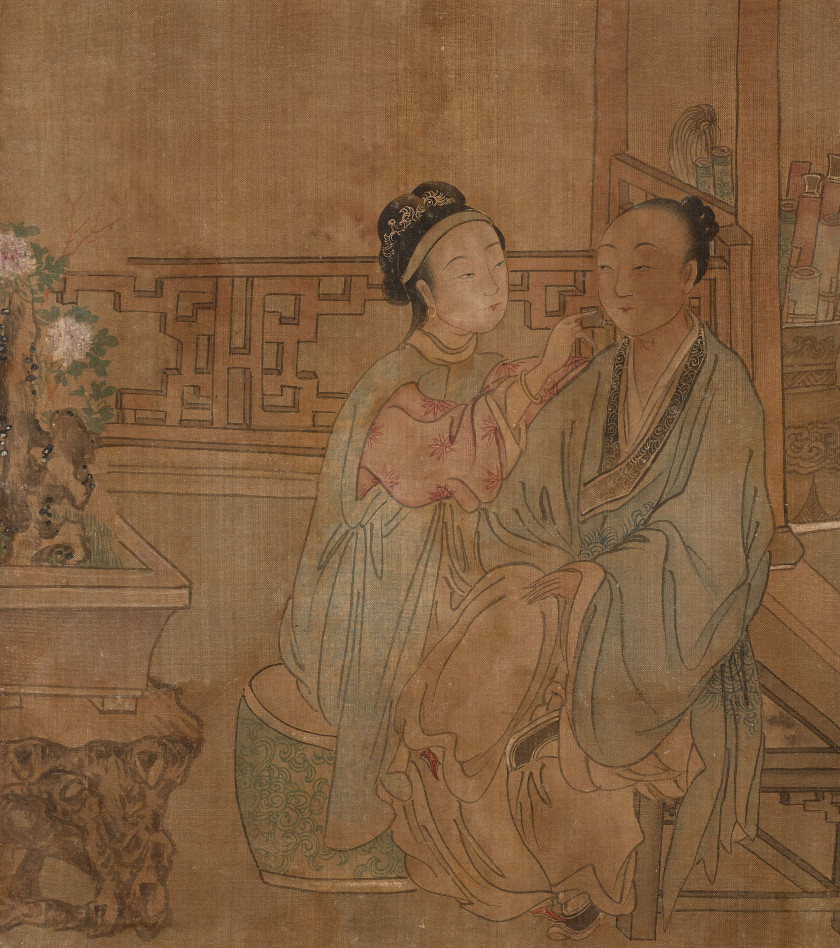 PEINTURE EN ROULEAU À L'ENCRE ET COULEUR SUR SOIE, CHINE, DYNASTIE QING, XIXe SIÈCLE