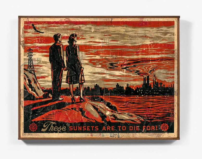 Shepard FAIREY (Alias OBEY GIANT) (Américain - Né en 1970) Sunsets to die for - 2007 Technique mixte, collage et sérigraphie sur boi...