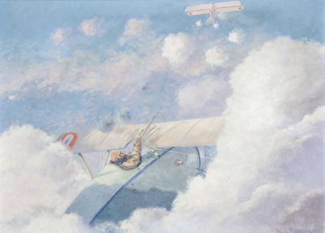 M-J BOURGUIGNON (XX° siècle) Hommage à l'Escadrille SALM 50, 1928 Trois huiles sur toile formant triptyque, sur un seul encadrement,