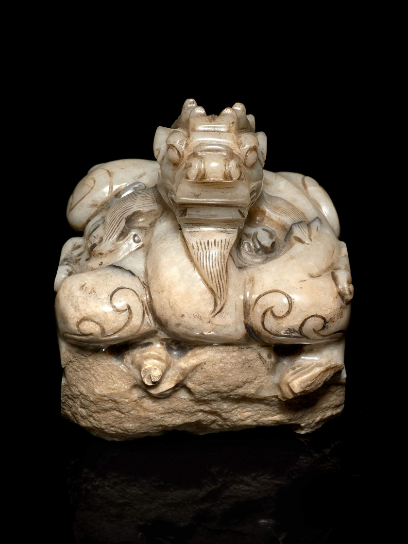 IMPORTANT SCEAU EN JADE GRAS DE MOUTON ET GRIS, CHINE, DYNASTIE QING, XIXe SIÈCLE
