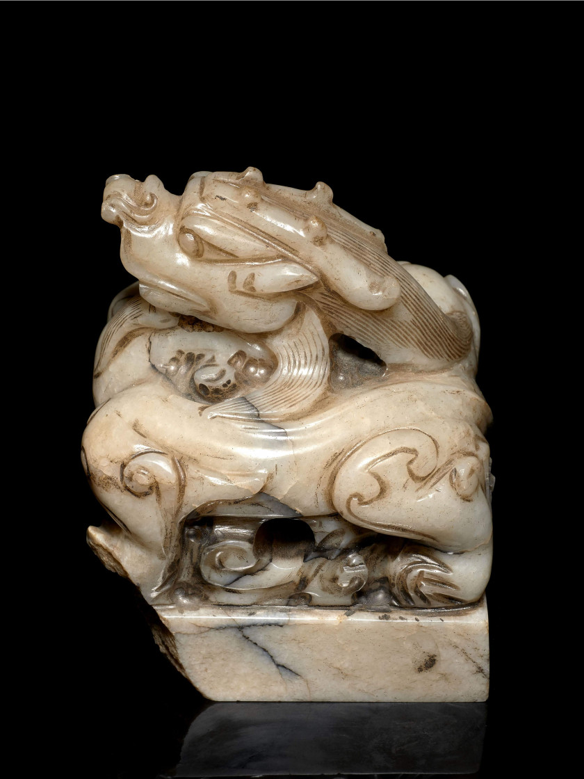 IMPORTANT SCEAU EN JADE GRAS DE MOUTON ET GRIS, CHINE, DYNASTIE QING, XIXe SIÈCLE