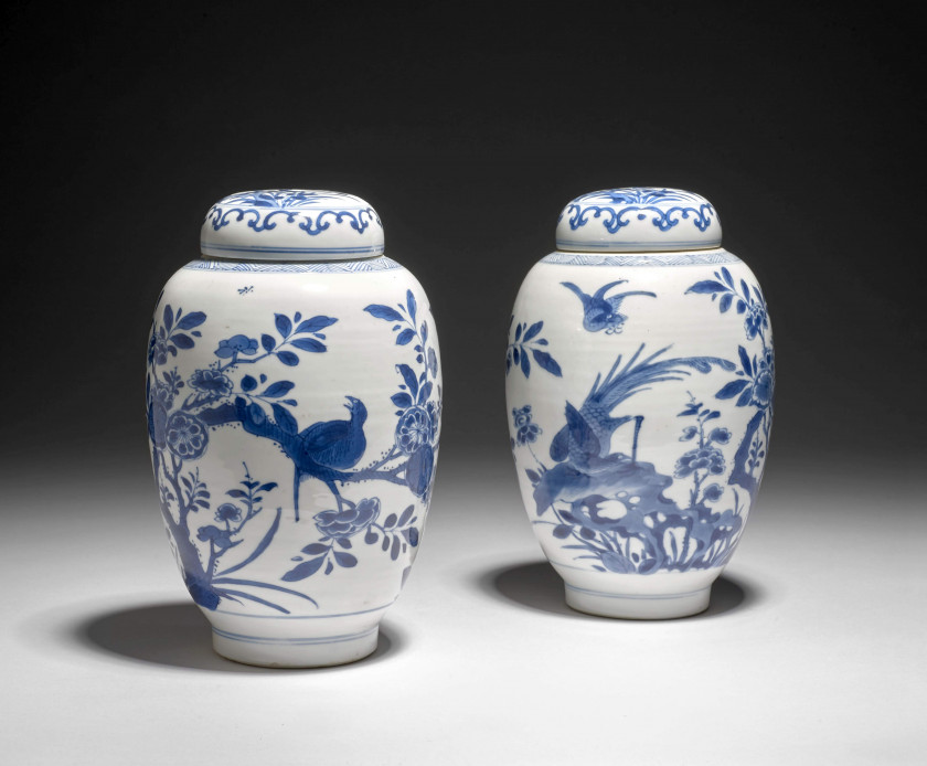 PAIRE DE POTS COUVERTS EN PORCELAINE BLEU BLANC, CHINE, DYNASTIE QING, XVIIIe SIÈCLE