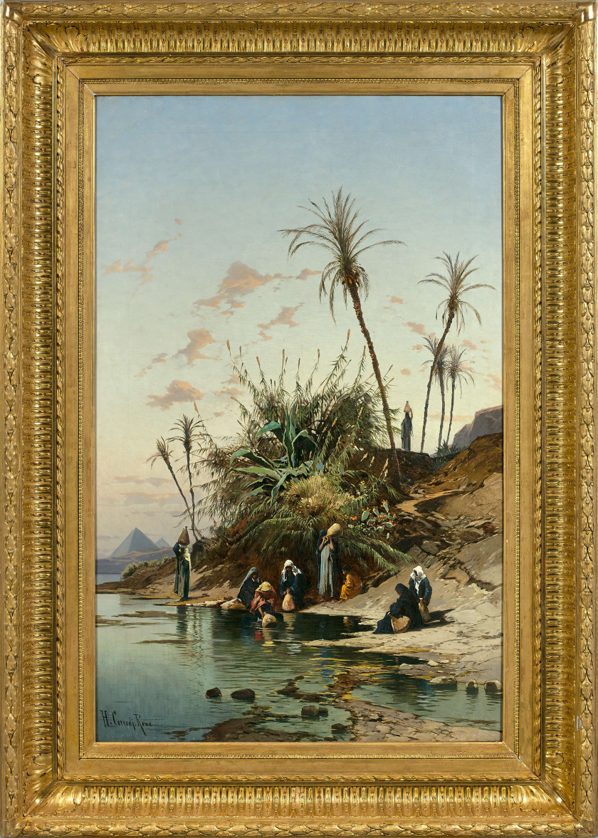 Hermann CORRODI 1844 - 1905 Ensemble de deux peintures Porteuses d'eau près des pyramides de Gizeh