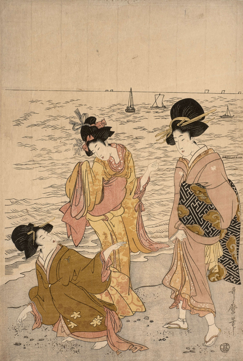 Kitagawa Utamaro (1753 - 1806) Jeunes femmes au bord de l'eau se promenant, l'une d'entre elles se baisse pour attacher la corde de