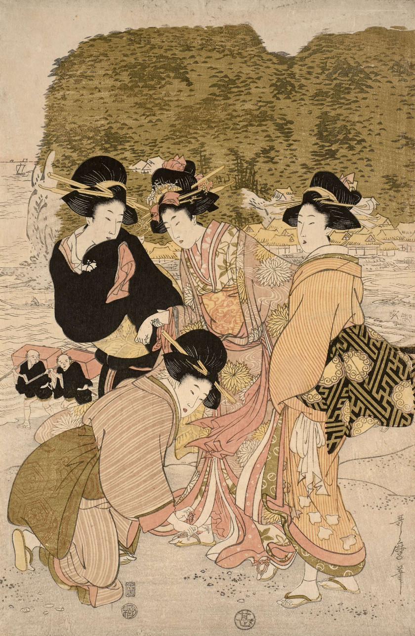 Kitagawa Utamaro (1753 - 1806) Jeunes femmes au bord de l'eau se promenant, l'une d'entre elles se baisse pour attacher la corde de