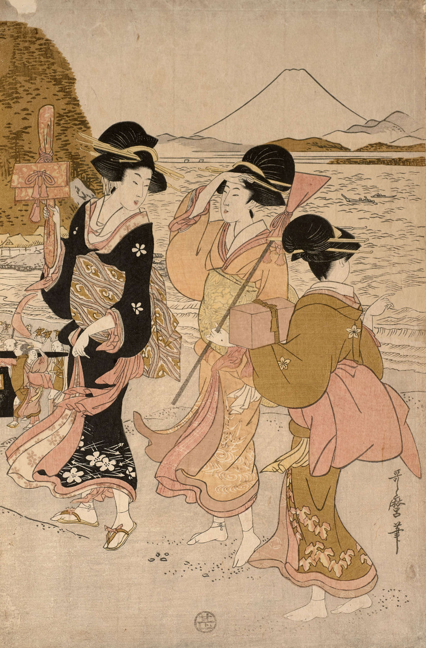 Kitagawa Utamaro (1753 - 1806) Jeunes femmes au bord de l'eau se promenant, l'une d'entre elles se baisse pour attacher la corde de