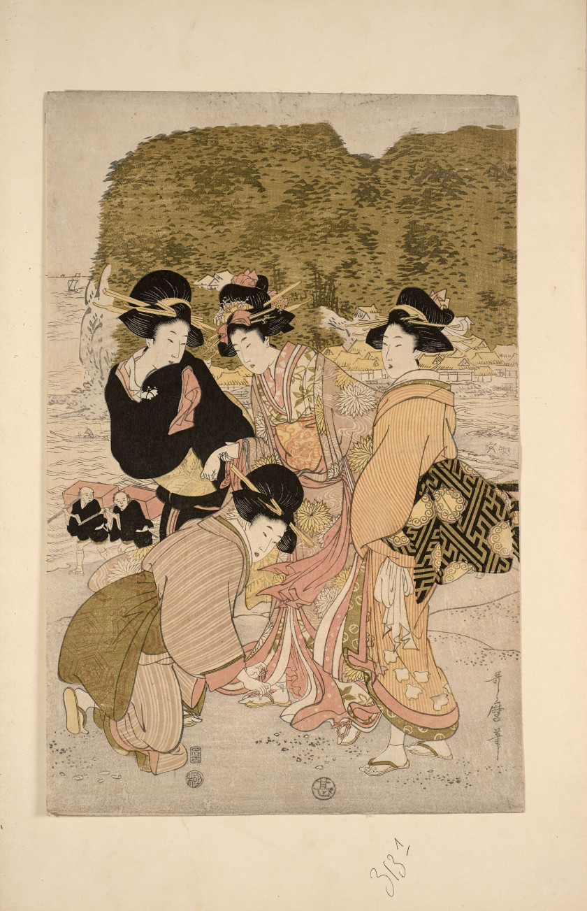 Kitagawa Utamaro (1753 - 1806) Jeunes femmes au bord de l'eau se promenant, l'une d'entre elles se baisse pour attacher la corde de