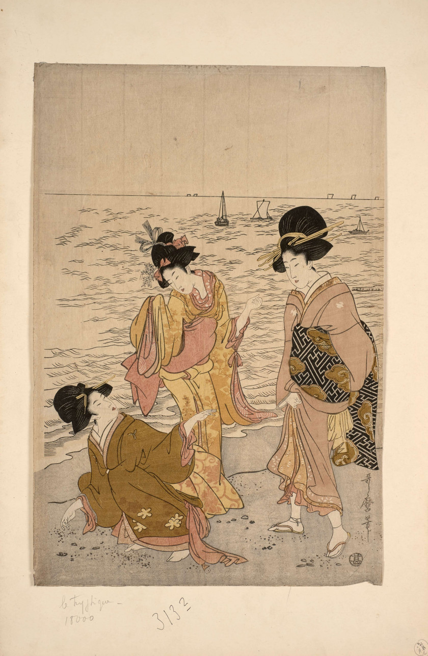 Kitagawa Utamaro (1753 - 1806) Jeunes femmes au bord de l'eau se promenant, l'une d'entre elles se baisse pour attacher la corde de