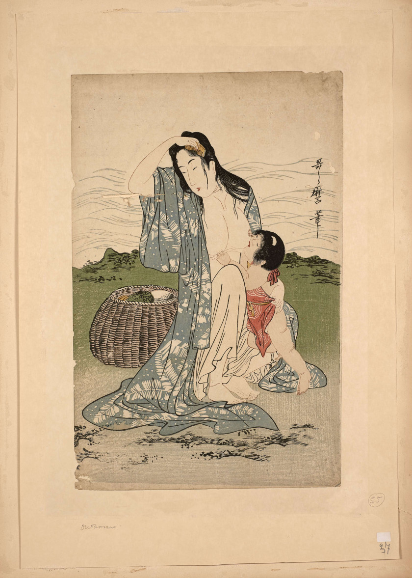 Kitagawa UTAMARO (1753?-1806) Partie centrale du triptyque représentant les pêcheuses d'awabi, (Awabi tori), jeune femme allaitant s..