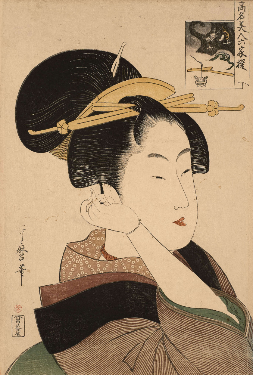 Kitagawa Utamaro (1753 - 1806) Portrait en buste (okubi-e) de Tatsumi Rokô ajustant les cheveux derrière son oreille droite, de la s...