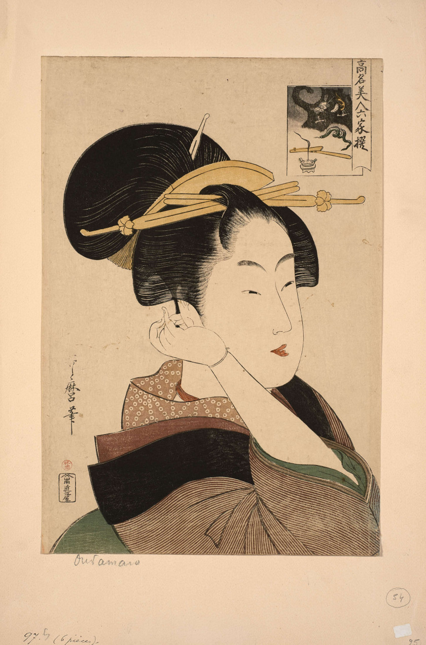 Kitagawa Utamaro (1753 - 1806) Portrait en buste (okubi-e) de Tatsumi Rokô ajustant les cheveux derrière son oreille droite, de la s...