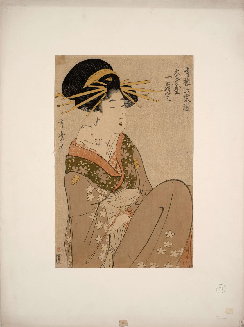 Kitagawa Utamaro (1753 - 1806) Portrait de Hitomoto de la maison Daimonjiya assise tenant une pipe, de la série Sélection des six ma...