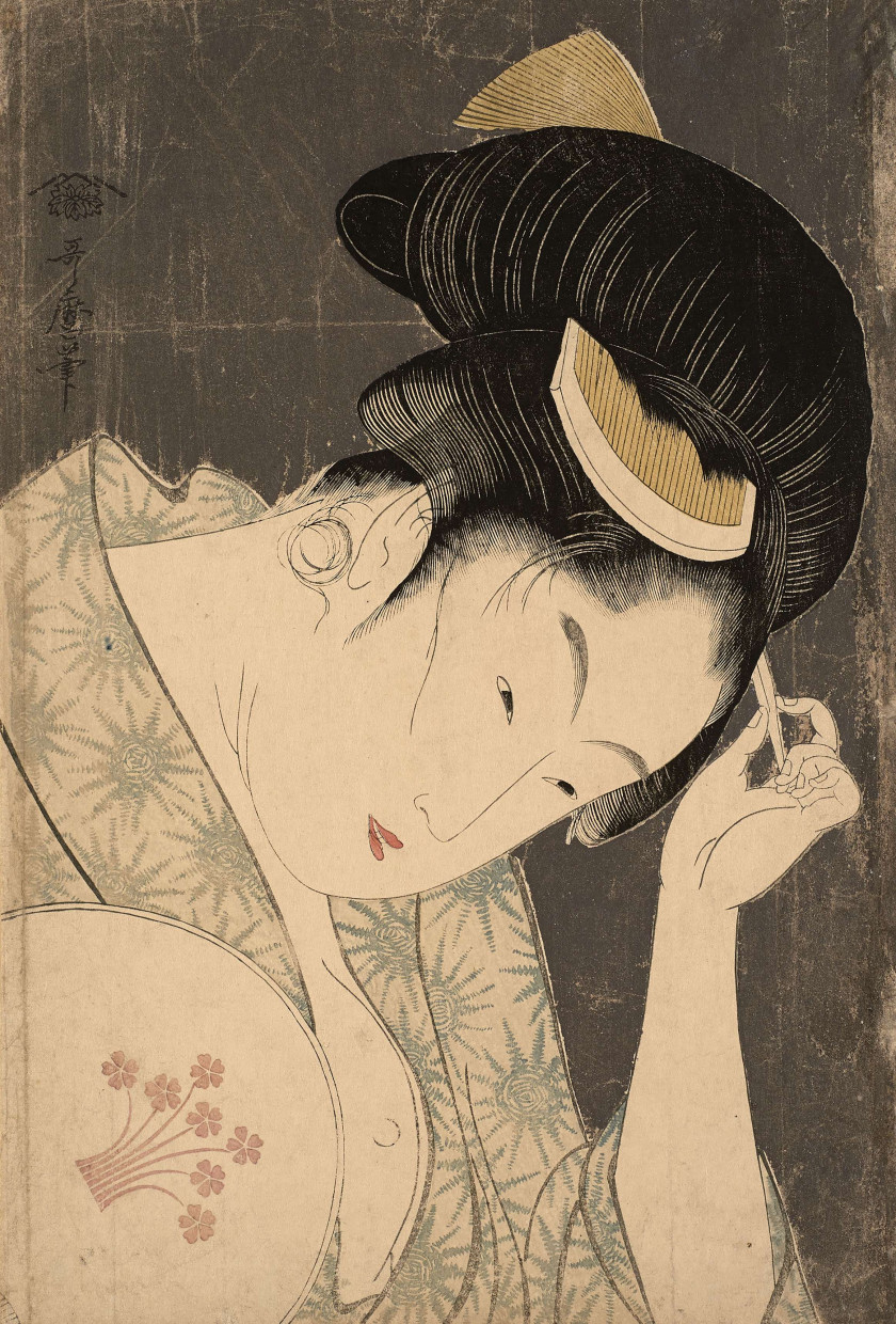 Kitagawa Utamaro (1753 - 1806) L'amour évident (Arawaruru koi), portrait en buste (okubi-e) d'une jeune femme s'arrangeant une éping