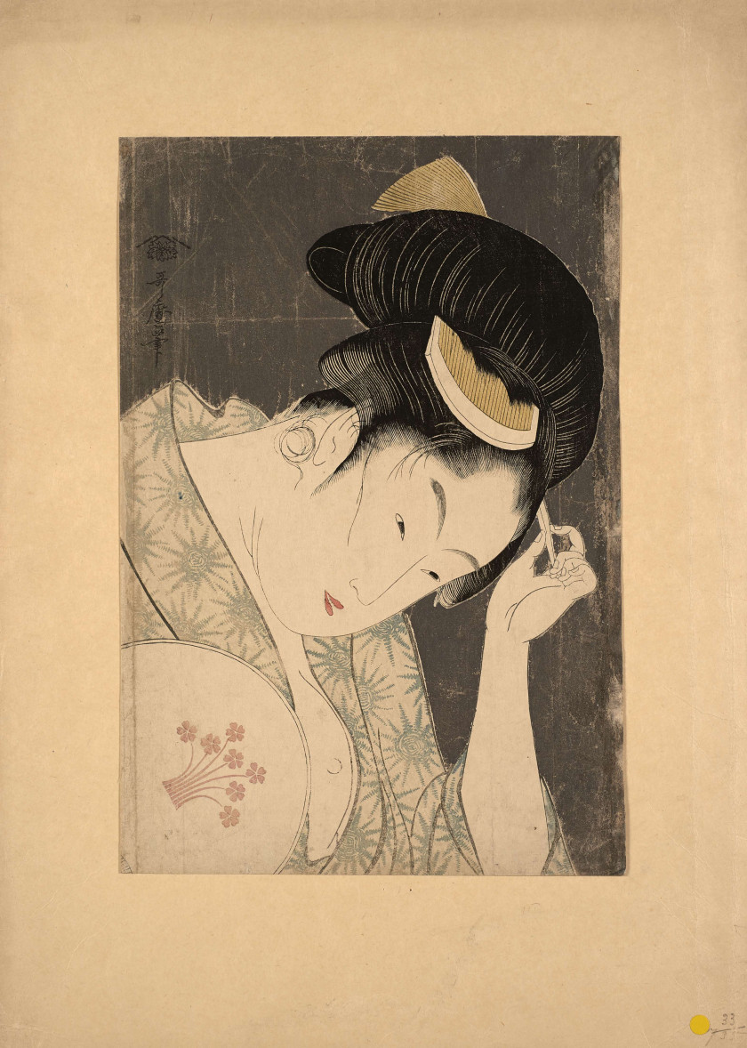 Kitagawa Utamaro (1753 - 1806) L'amour évident (Arawaruru koi), portrait en buste (okubi-e) d'une jeune femme s'arrangeant une éping