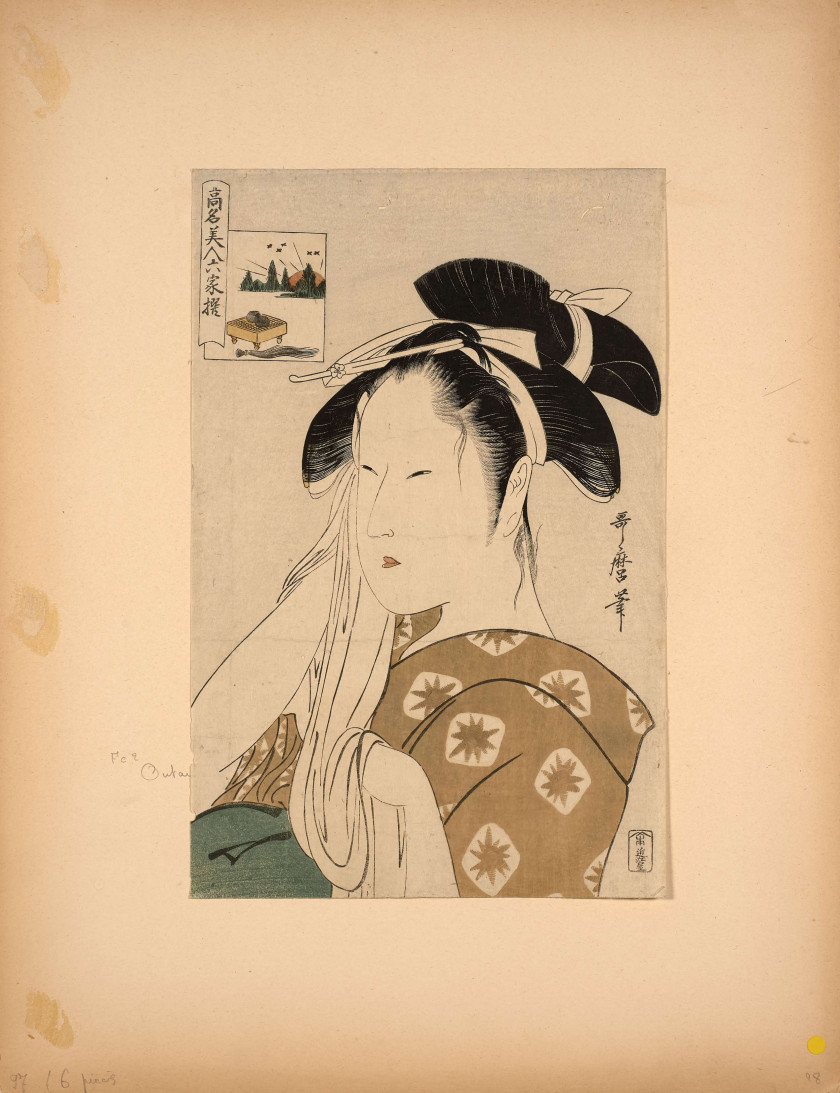 Kitagawa Utamaro (1753 - 1806) Portrait en buste (okubi-e) de la veuve d'Asahiya se nettoyant le visage avec un tissu (Asahiya goke)..