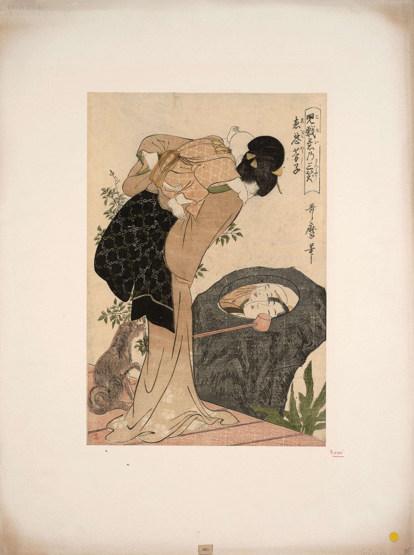 Kitagawa Utamaro (1753 - 1806) Le prêtre Huiyuan: jeune femme avec un enfant se regardant dans une flaque d'eau, le rocher avec trac..