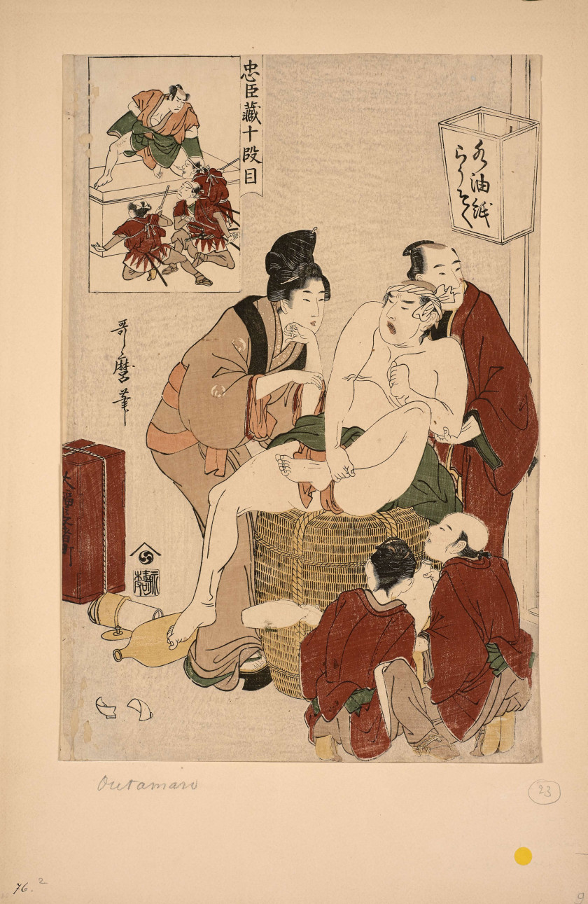 Kitagawa UTAMARO (1753?-1806) Acte X (Jûdanme), marchand d'huile pour les cheveux ayant attrapé un homme peu vêtu assis sur une jarr..