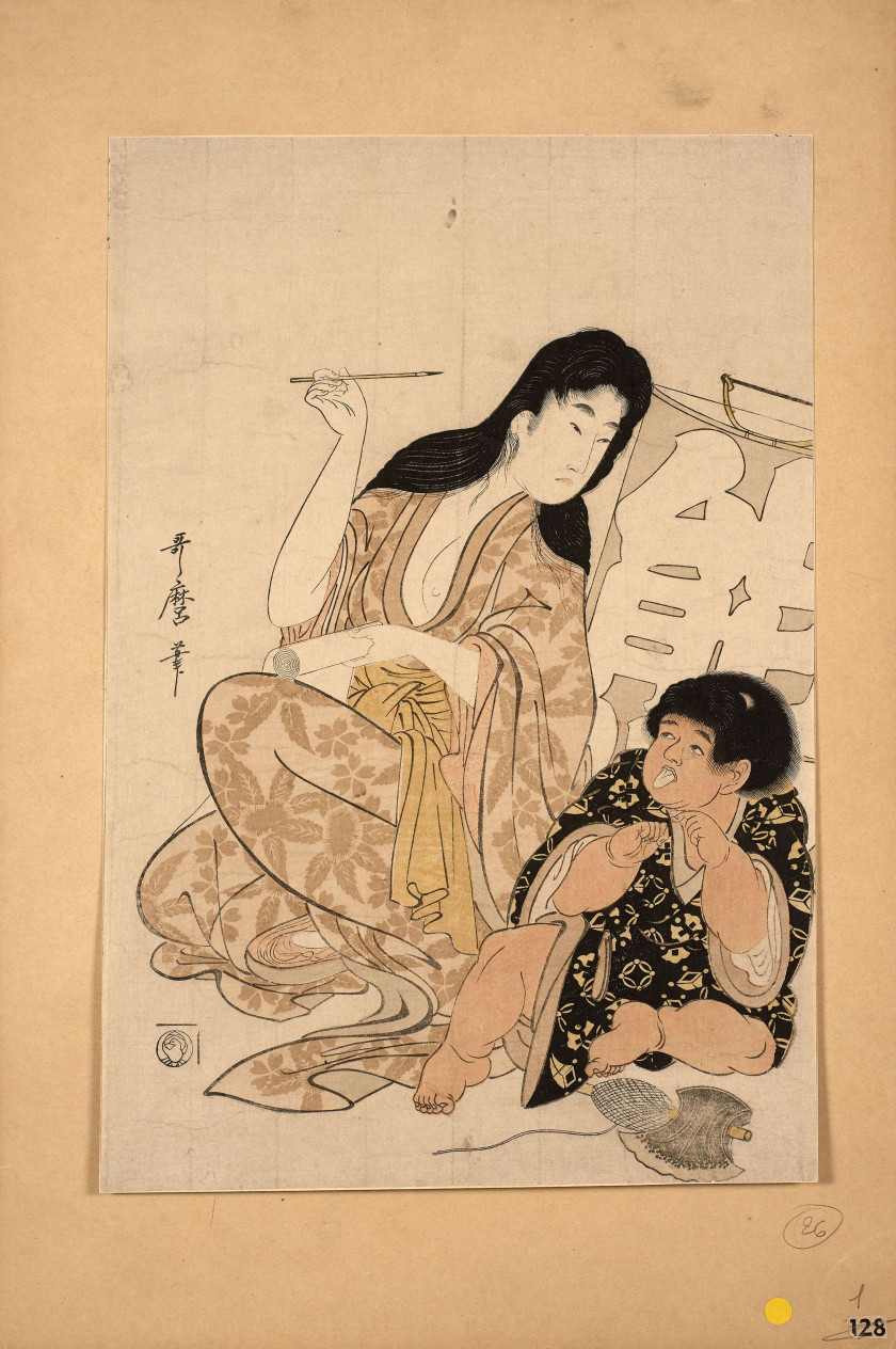 Kitagawa Utamaro (1753 - 1806) Yamauba écrivant un rouleau et Kintaro tirant la langue devant un cerf-volant sur lequel est inscrit ...