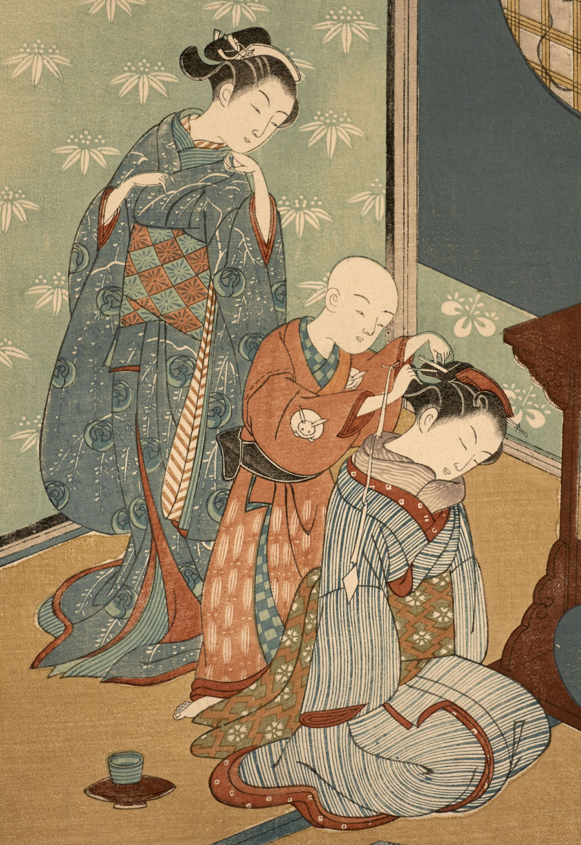 Suzuki HARUNOBU (1725-1770) Geisha regardant un enfant coiffer une autre geisha, de la série des Huit vues du petit salon, pluie noc...