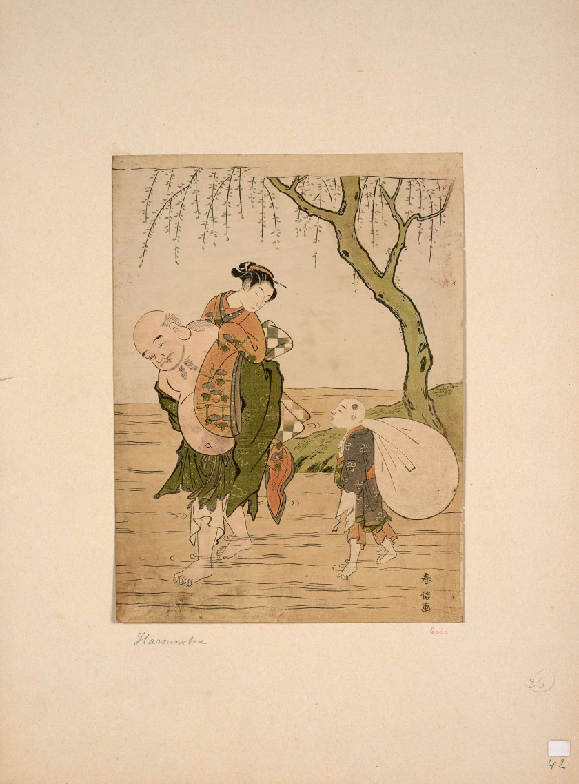 Suzuki Harunobu (1725-1770) Hotei au gué, portant une jeune femme et traversant une rivière