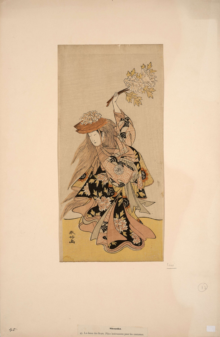 Katsukawa Shunko (1742 - 1812) Partie d'un polyptyque, l'acteur Nakamura Tomijûrô I exécutant la danse du lion (Shakkyô) dans la piè.