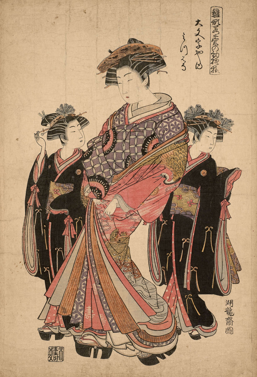 Isoda Koryusai (1735 - 1790) La courtisane Mitsuharu de la Daimonjiya, de la série Modèles de nouvelle année frais comme de jeunes f...