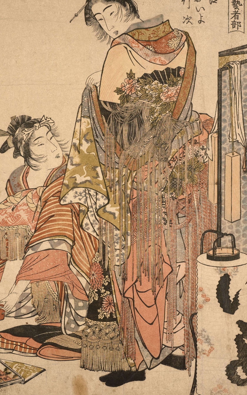 Kitagawa Utamaro (1753 - 1806) Ogie se préparant pour une performance Omando, Oiyo se tient debout près d'une lanterne et d'un parav.