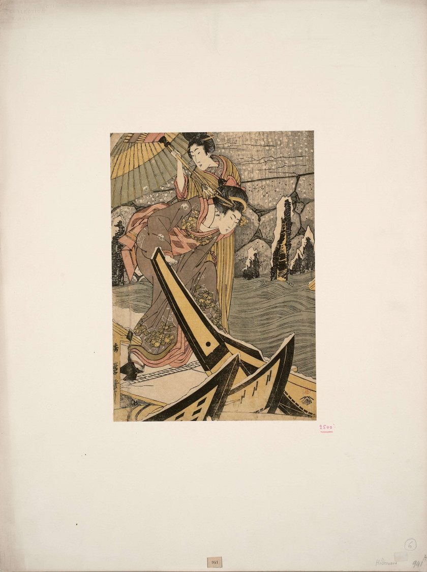 Kitagawa Hidemaro (actif 1804 - 1817) Partie de triptyque, deux jeunes femmes sur une barque sous une tempête de neige