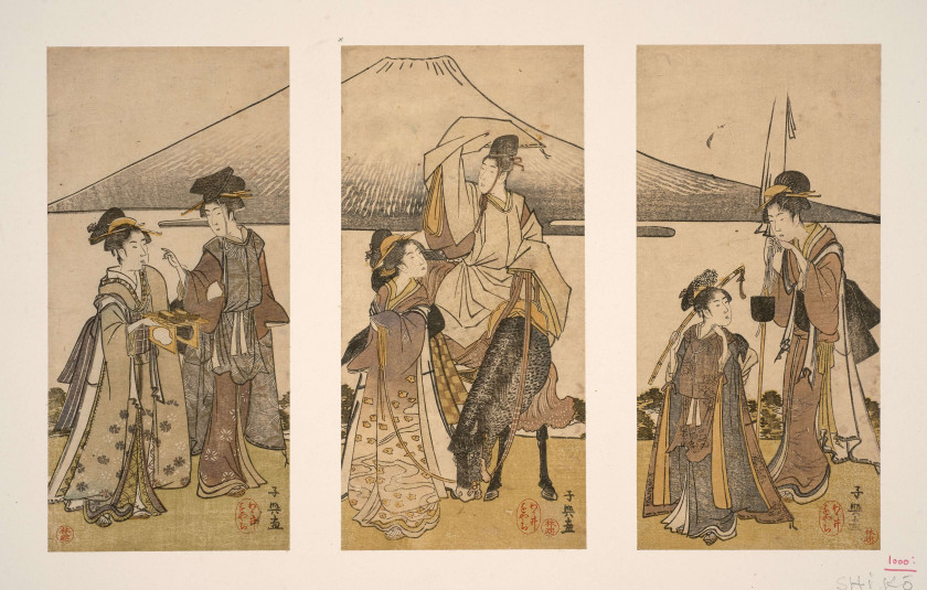 Eishosai Choki (actif 1780 - 1810) Triptyque, jeunes femmes parodiant la procession de Narihira vers l'Est au bord de l'eau devant l.