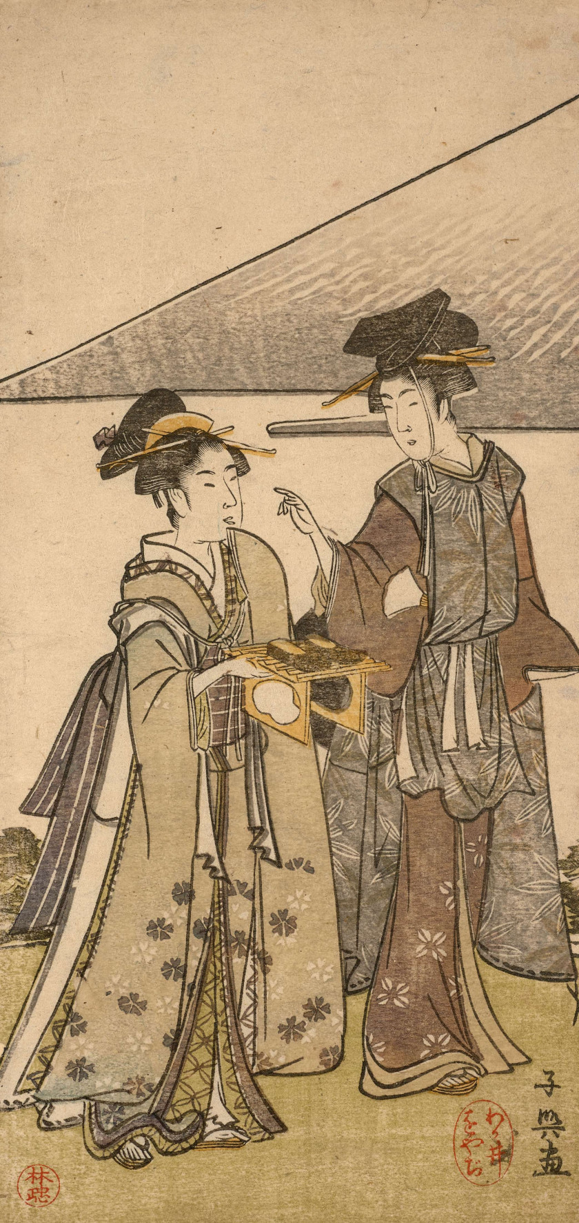 Eishosai Choki (actif 1780 - 1810) Triptyque, jeunes femmes parodiant la procession de Narihira vers l'Est au bord de l'eau devant l.