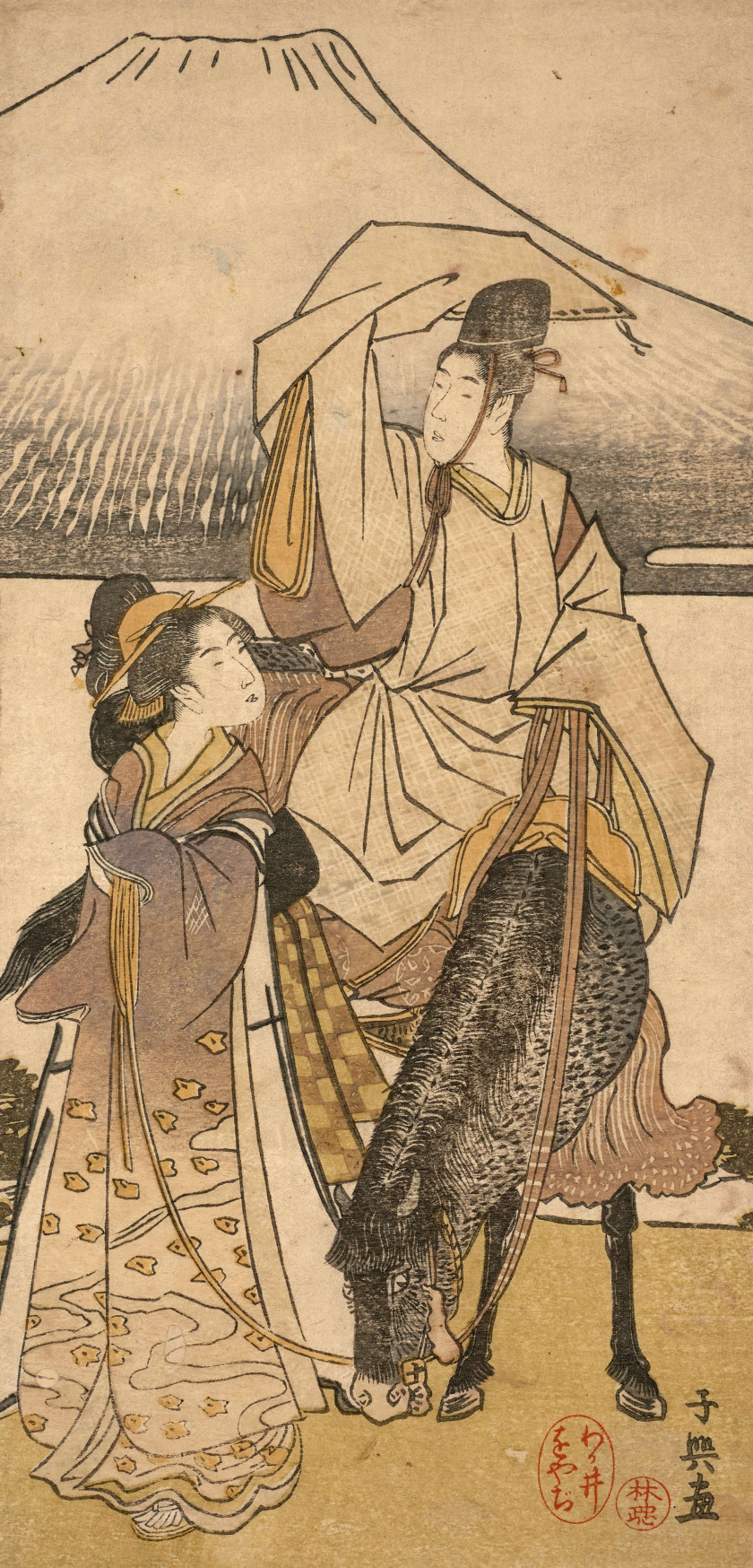 Eishosai Choki (actif 1780 - 1810) Triptyque, jeunes femmes parodiant la procession de Narihira vers l'Est au bord de l'eau devant l.