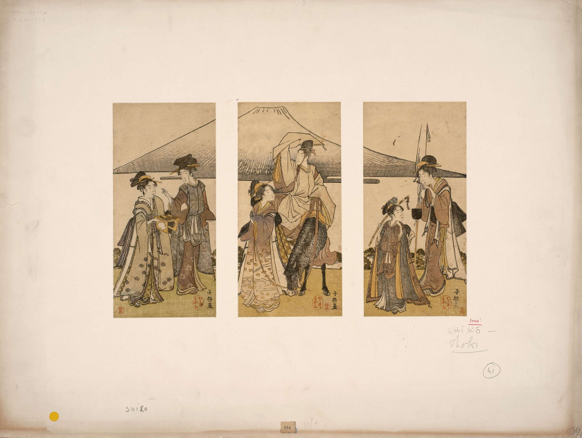 Eishosai Choki (actif 1780 - 1810) Triptyque, jeunes femmes parodiant la procession de Narihira vers l'Est au bord de l'eau devant l.