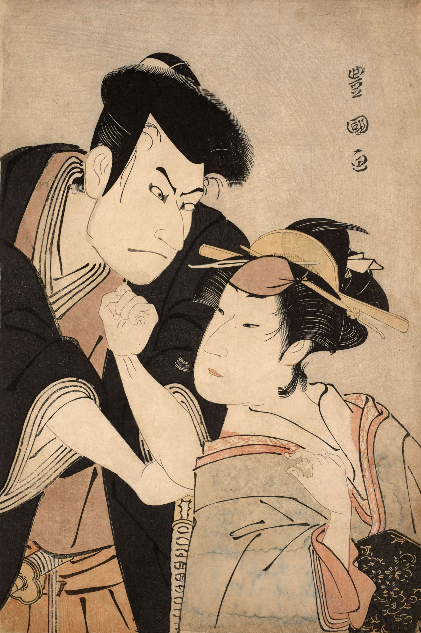 Utagawa Toyokuni I (1769-1825) Portrait en buste (okubi-e) de deux acteurs, l'un dans un rôle de jeune femme, l'autre dans le rôle d.