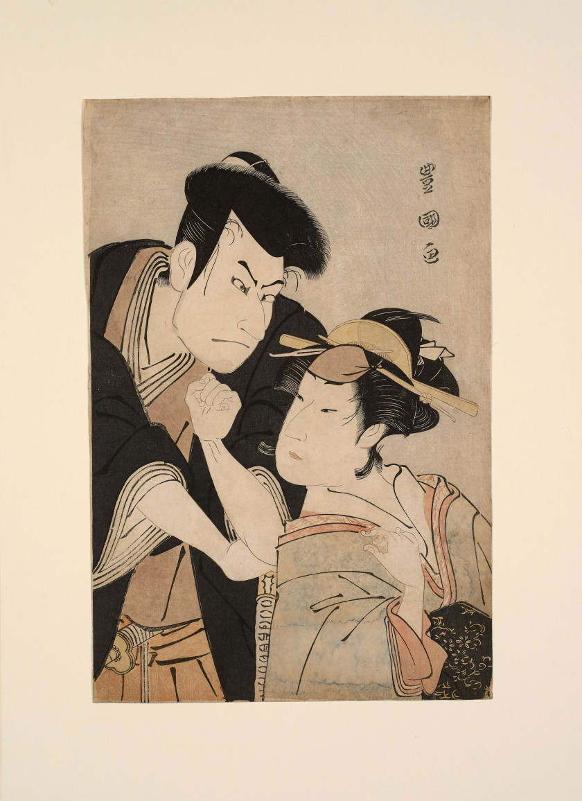 Utagawa Toyokuni I (1769-1825) Portrait en buste (okubi-e) de deux acteurs, l'un dans un rôle de jeune femme, l'autre dans le rôle d.