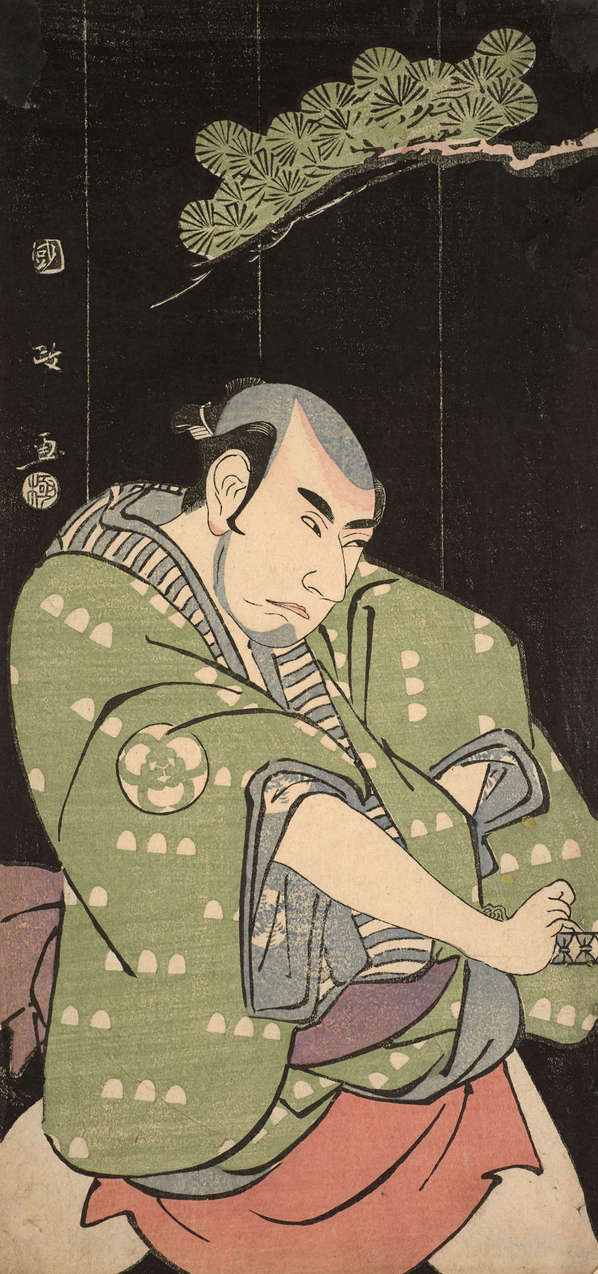 Utagawa Kunimasa (1773-1810) Portrait de l'acteur Bando Mitsugoro II sur fond noir sous les pins