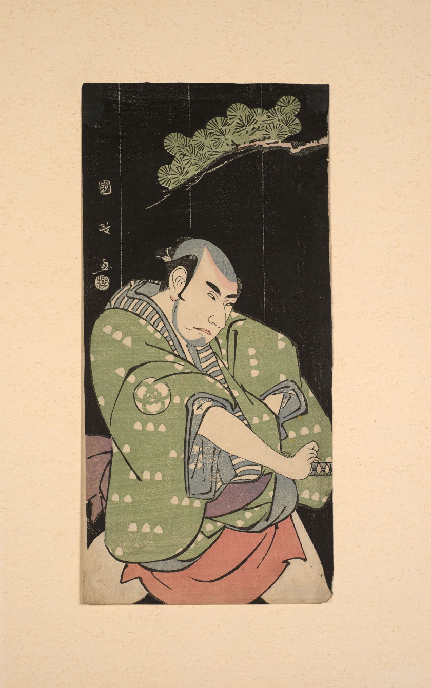 Utagawa Kunimasa (1773-1810) Portrait de l'acteur Bando Mitsugoro II sur fond noir sous les pins