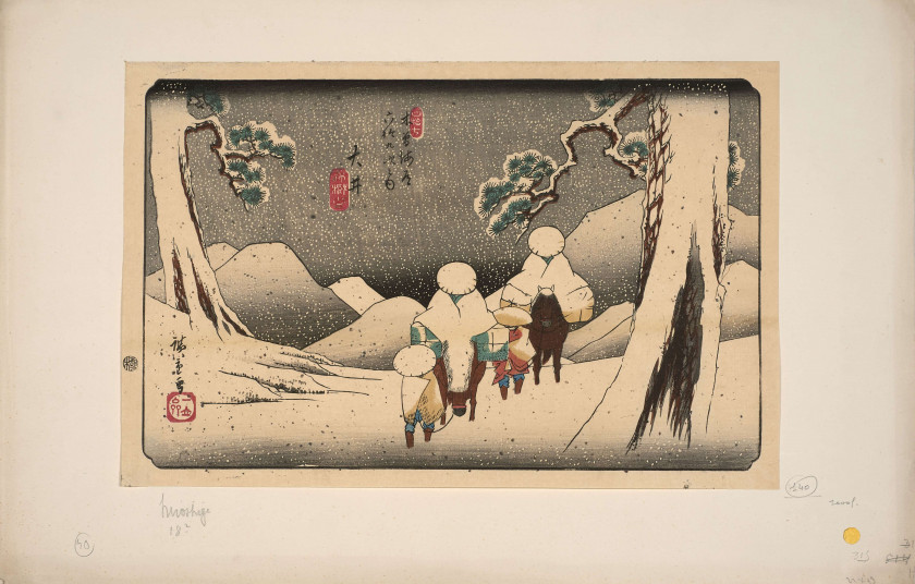 Utagawa Hiroshige (1797 - 1858) Oi (planche n°47), personnages sous la neige sur le col entre Oi et Okute, de la série Les soixante-...