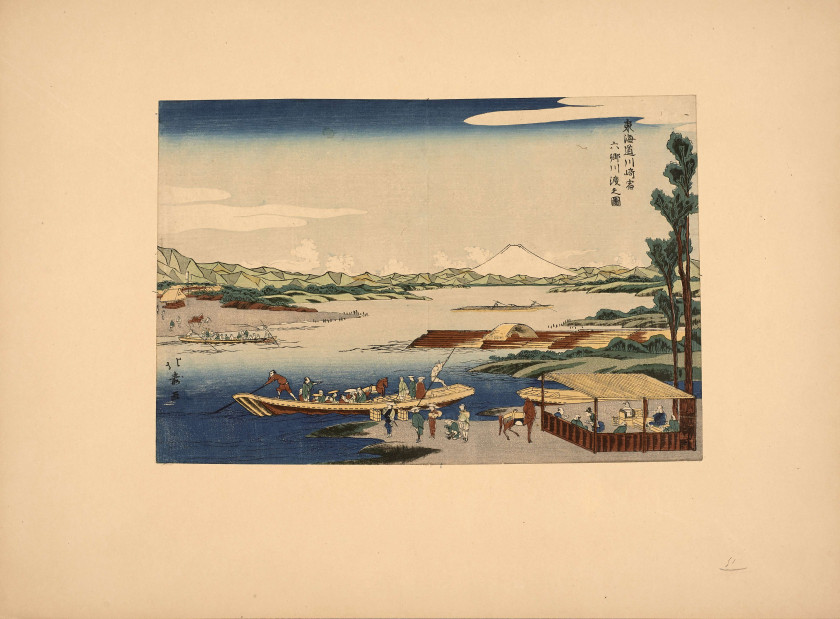 Shôtei HOKUJU (1763-1824) Traversée de la rivière Rokugô près du relais de Kawasaki (Kawasaki-juku Rokugo kawa watashi no zu), de la...