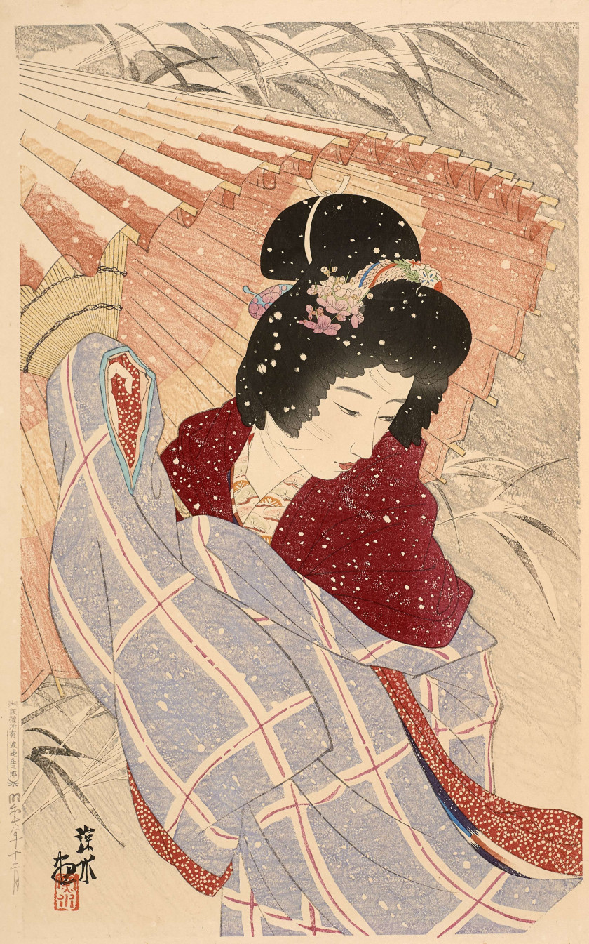 Kawase Hasui (1883 - 1957) Tempête de neige (Fubuki), jeune femme sous une ombrelle sous la neige, de la série Deuxième série de bea...