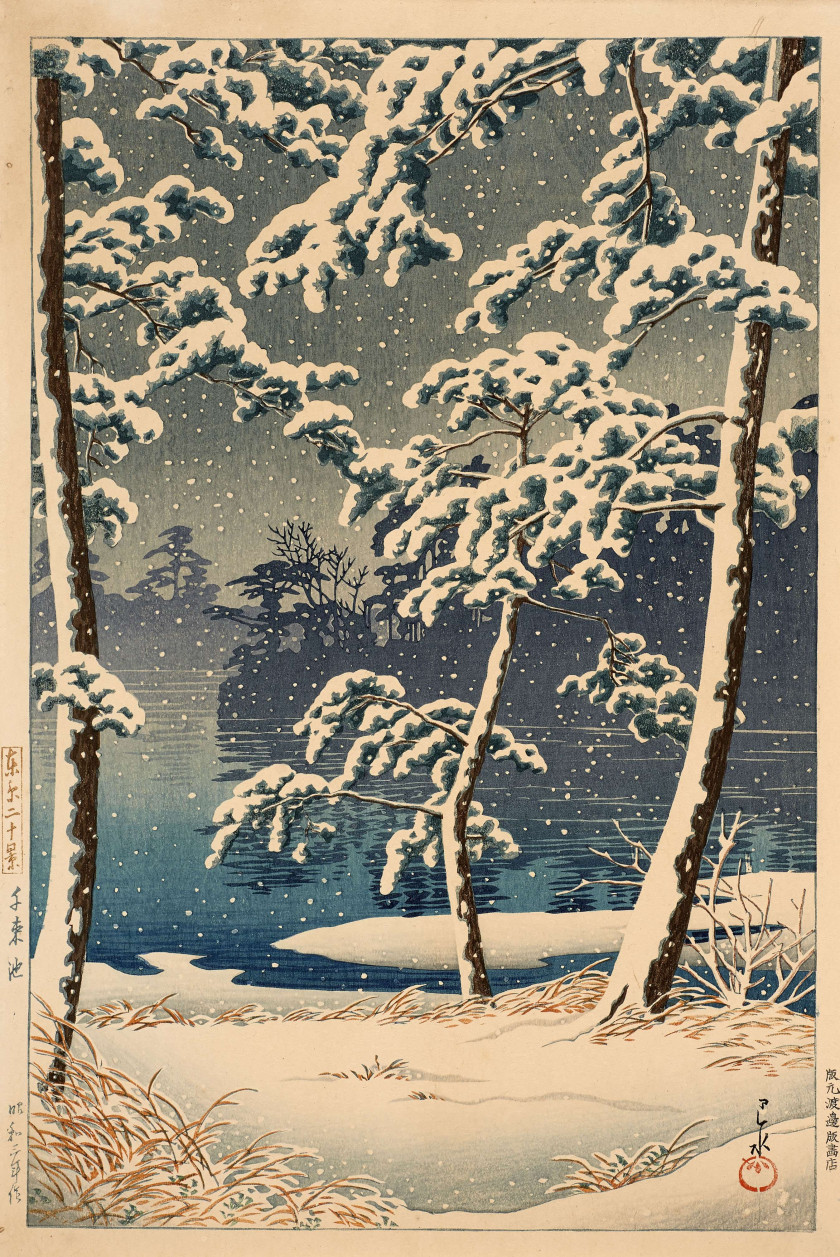 Kawase Hasui (1883 - 1957) L'étang de Senzoku sous la neige (Senzoku-ike), de la série Les vingt vues de Tokyo (Tôkyô nijûkei)