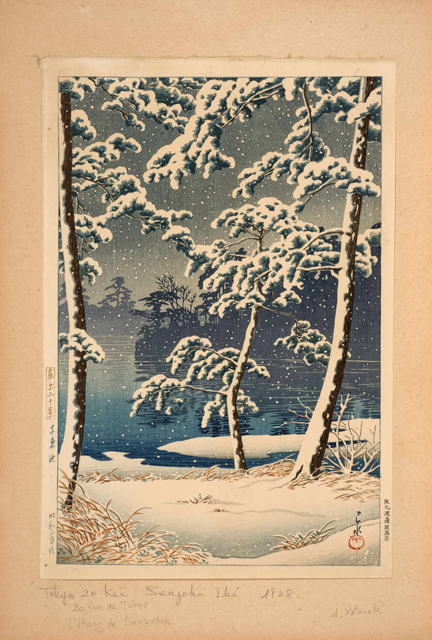 Kawase Hasui (1883 - 1957) L'étang de Senzoku sous la neige (Senzoku-ike), de la série Les vingt vues de Tokyo (Tôkyô nijûkei)