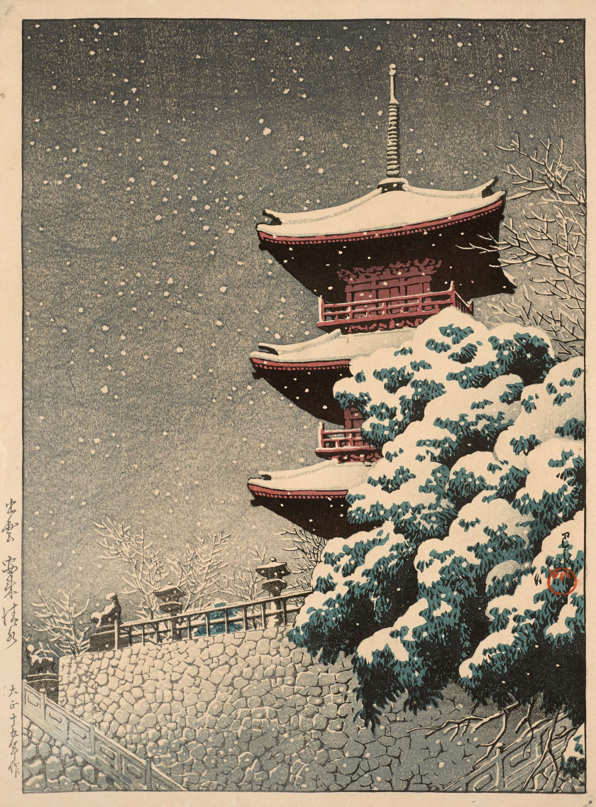 Kawase Hasui (1883 - 1957) Le temple Yasugi Kiyomizu Izumo à Aki sous la neige (Izumo, Yasugi Kiyomizu), de la série Sélection de vu...