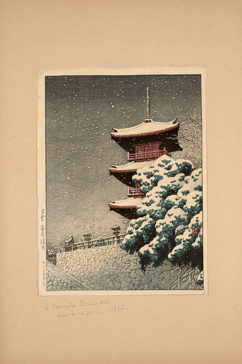 Kawase Hasui (1883 - 1957) Le temple Yasugi Kiyomizu Izumo à Aki sous la neige (Izumo, Yasugi Kiyomizu), de la série Sélection de vu...