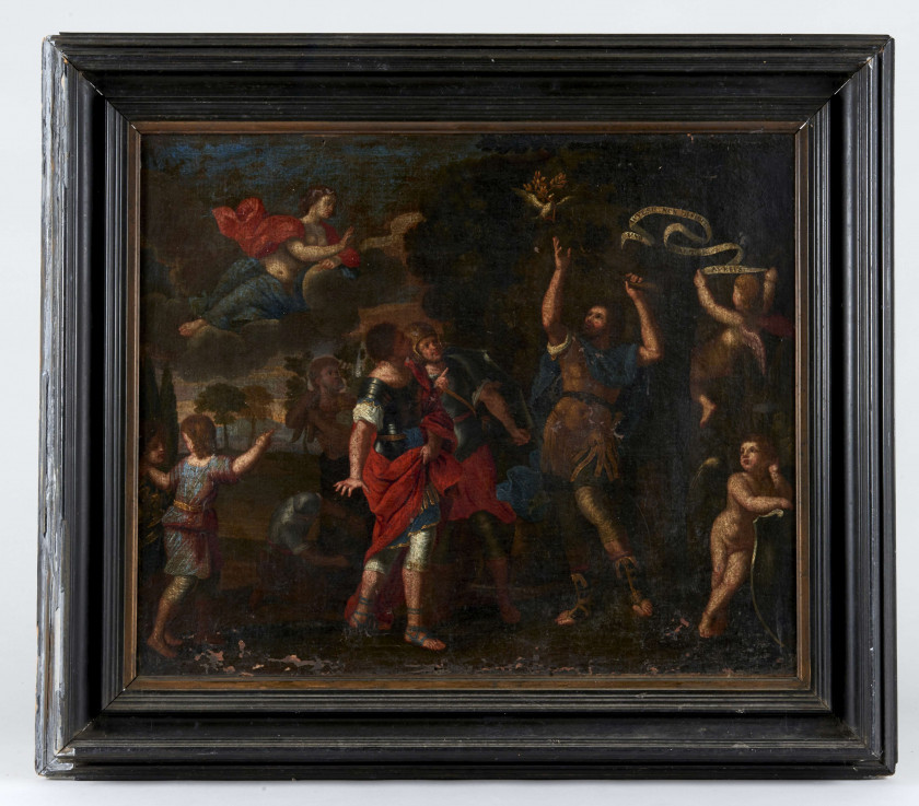 ECOLE FRANCAISE du XVIIe siècle Scène mythologique. Huile sur toile, accidents et manques. 60 x 74 cm