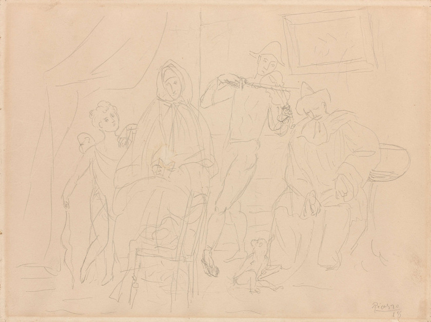 Pablo PICASSO 1881 - 1973 Amour, femme, Arlequin et Pierrot - 1918 Crayon sur papier