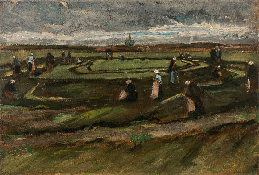 Vincent VAN GOGH 1853 - 1890 Raccommodeuses de filets dans les dunes - Août 1882 Huile sur papier épais préparé, marouflé sur pannea...